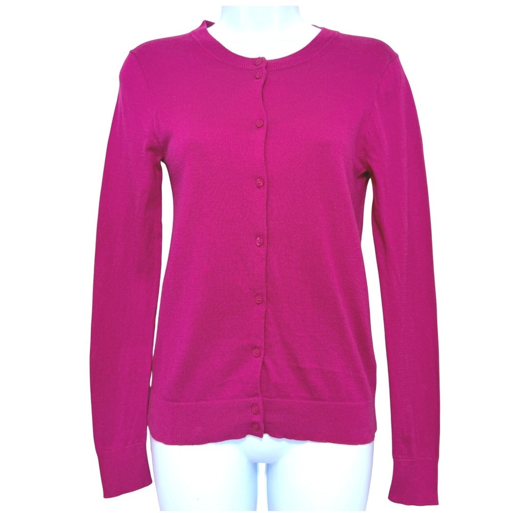 J Crew Classic Cardigan Sweater Womens XS Bright Pink Cotton Preppy Academia